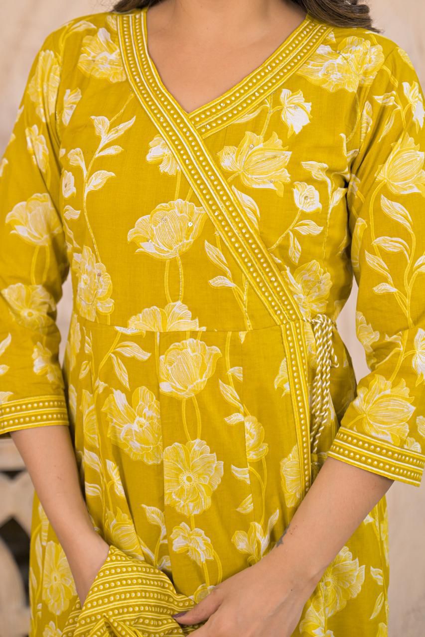 Women’s Cotton Angrakha Style Three-Piece Set with Dupatta