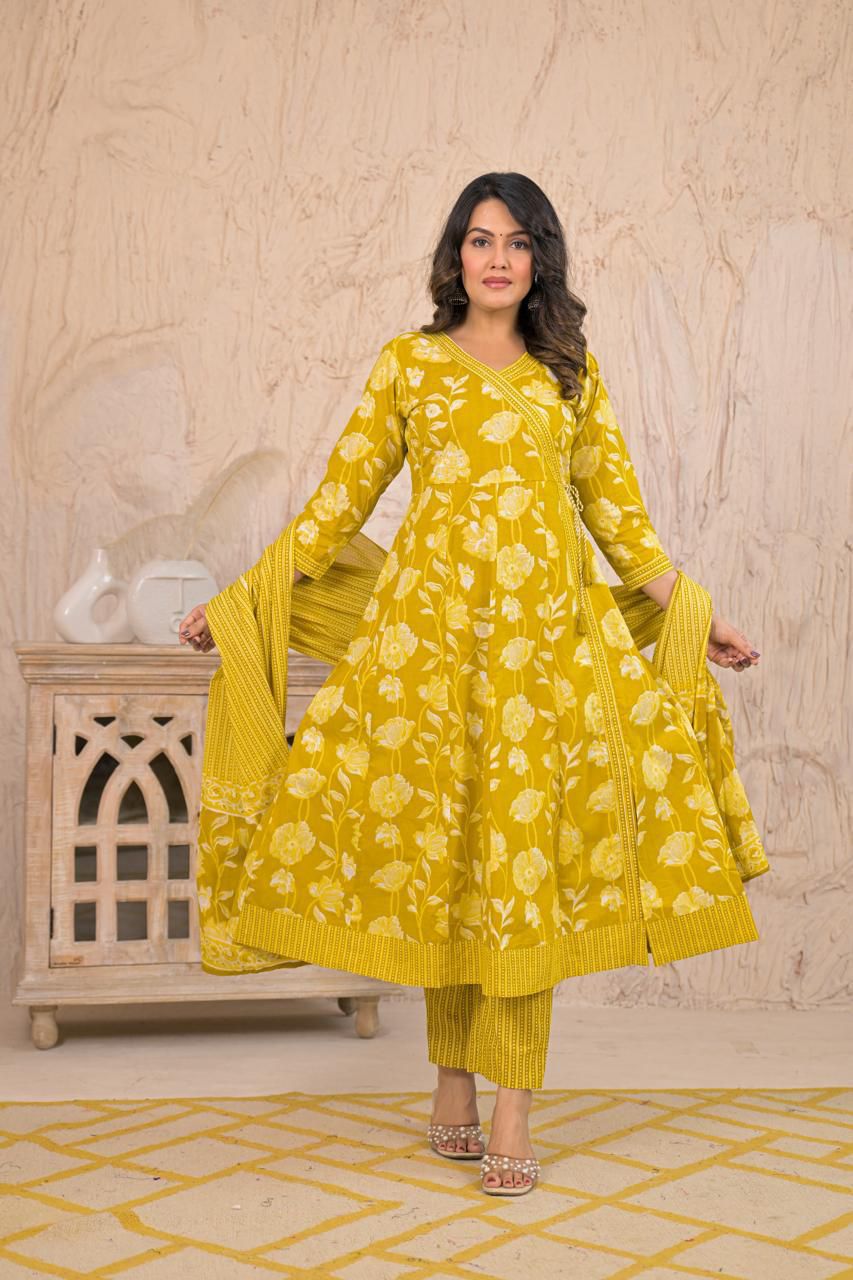 Women’s Cotton Angrakha Style Three-Piece Set with Dupatta