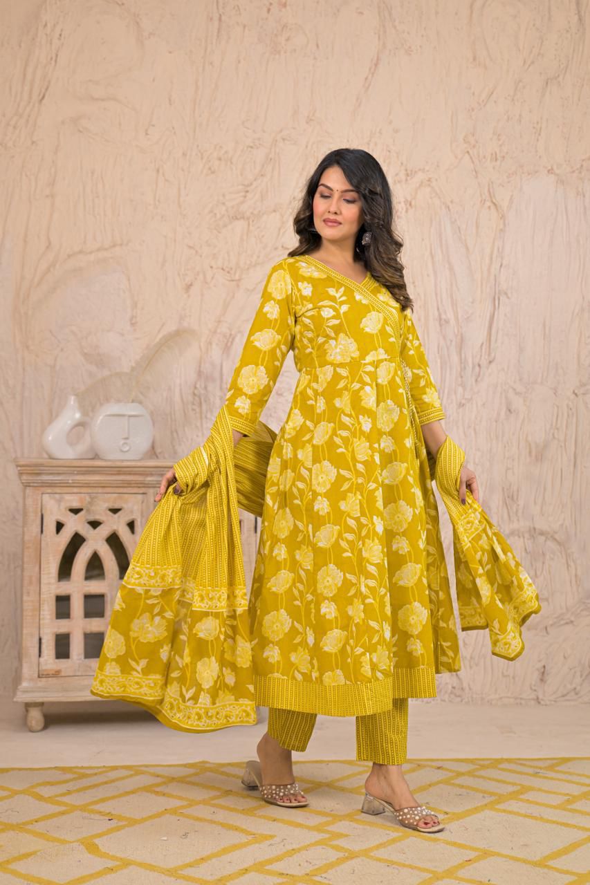 Women’s Cotton Angrakha Style Three-Piece Set with Dupatta