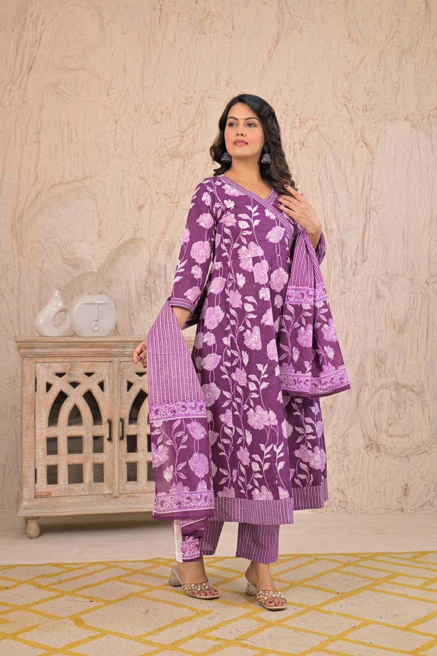 Women’s Cotton Angrakha Style Three-Piece Set with Dupatta