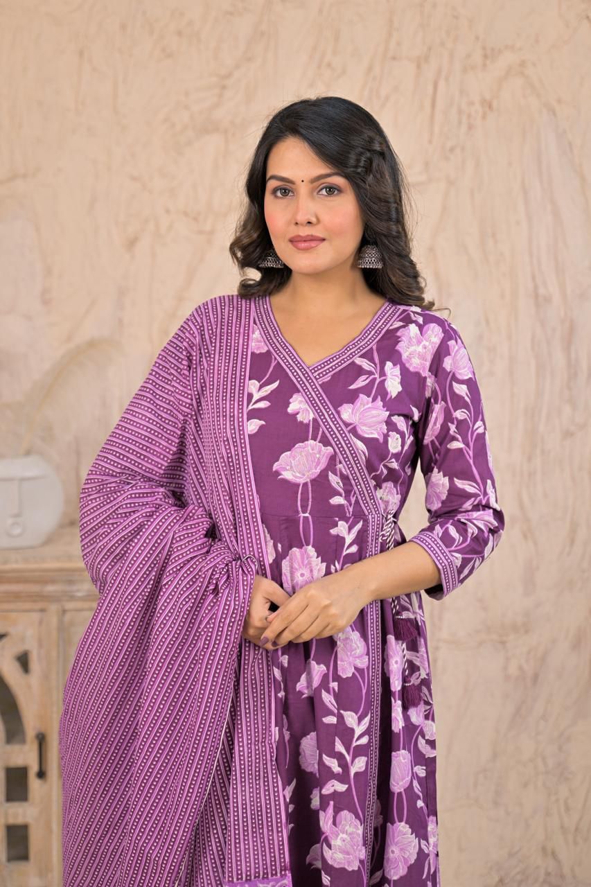 Women’s Cotton Angrakha Style Three-Piece Set with Dupatta