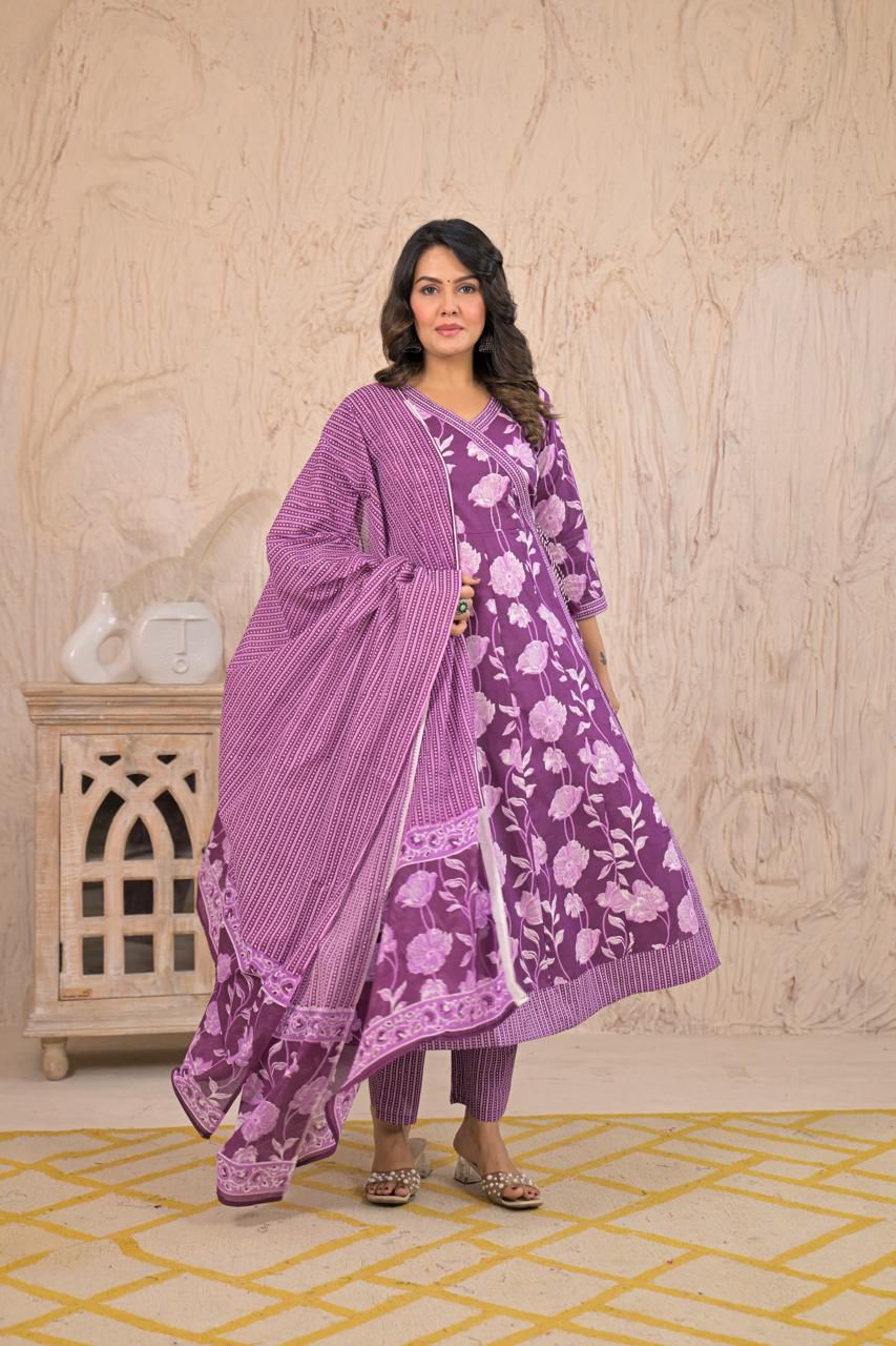 Women’s Cotton Angrakha Style Three-Piece Set with Dupatta