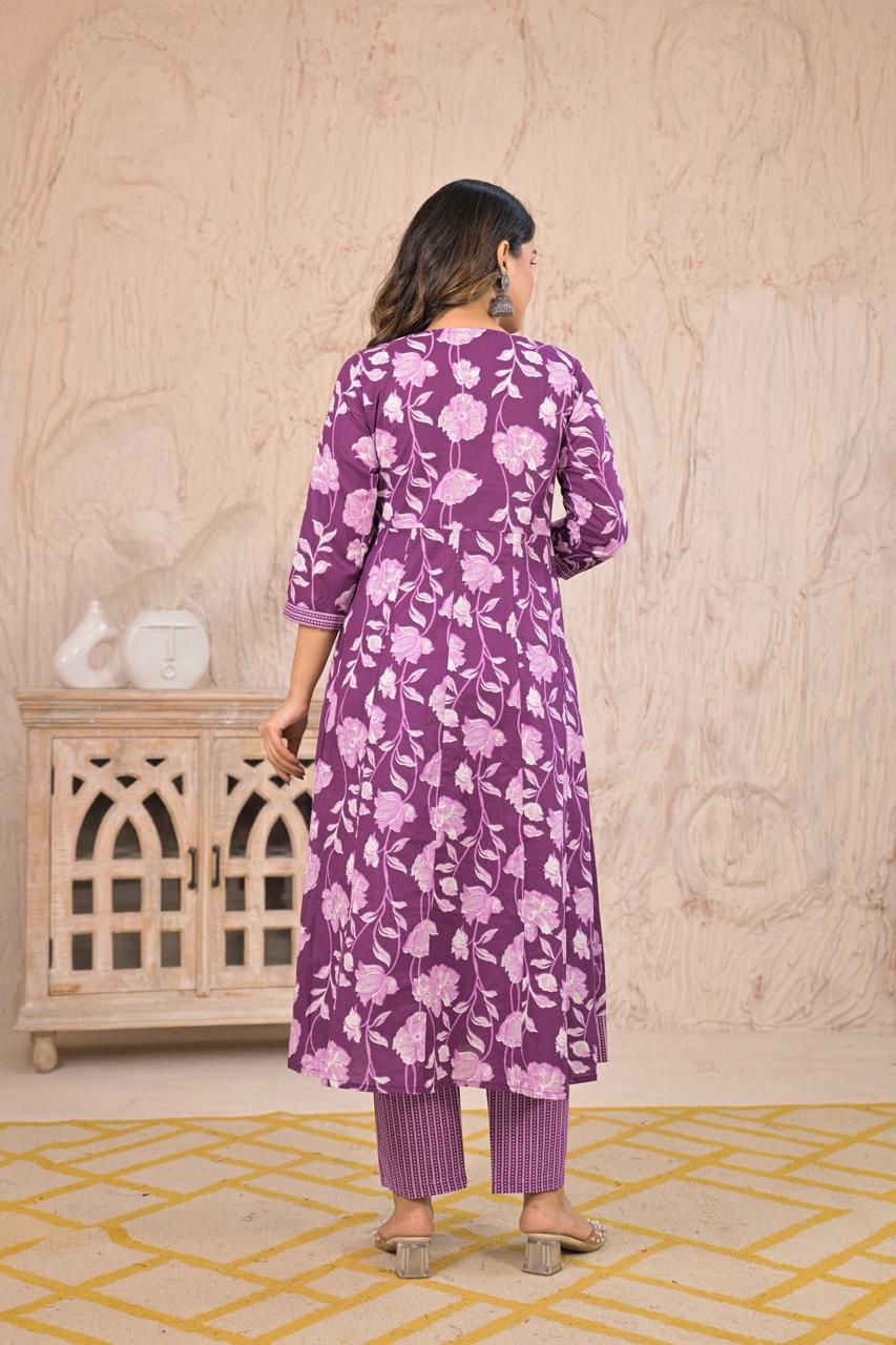 Women’s Cotton Angrakha Style Three-Piece Set with Dupatta